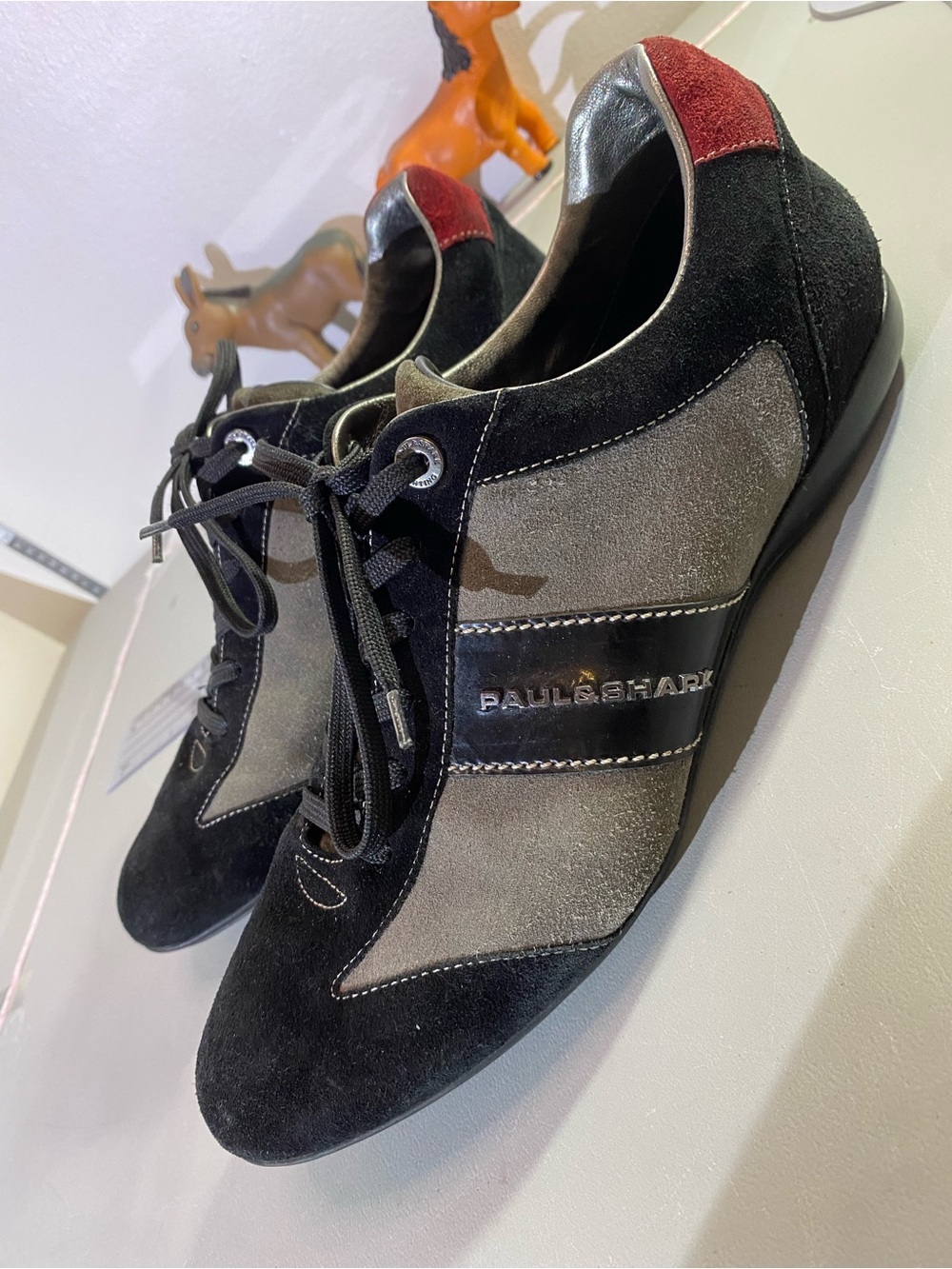 Paul & Shark Black and Gray Suede Sneakers with Red Heel Tab